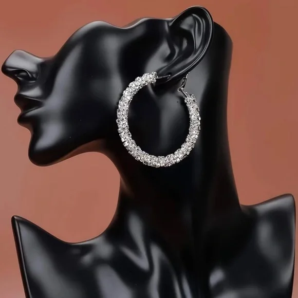 Large Full Rhinestone Hoop Earrings Silver Plated Delicate Jewelry Party Holiday - Picture 1 of 6